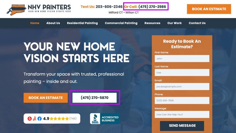 NHV Painters website hero section with purple boxes highlighting call tracking numbers (475) 270-2986 and (475) 270-5870.