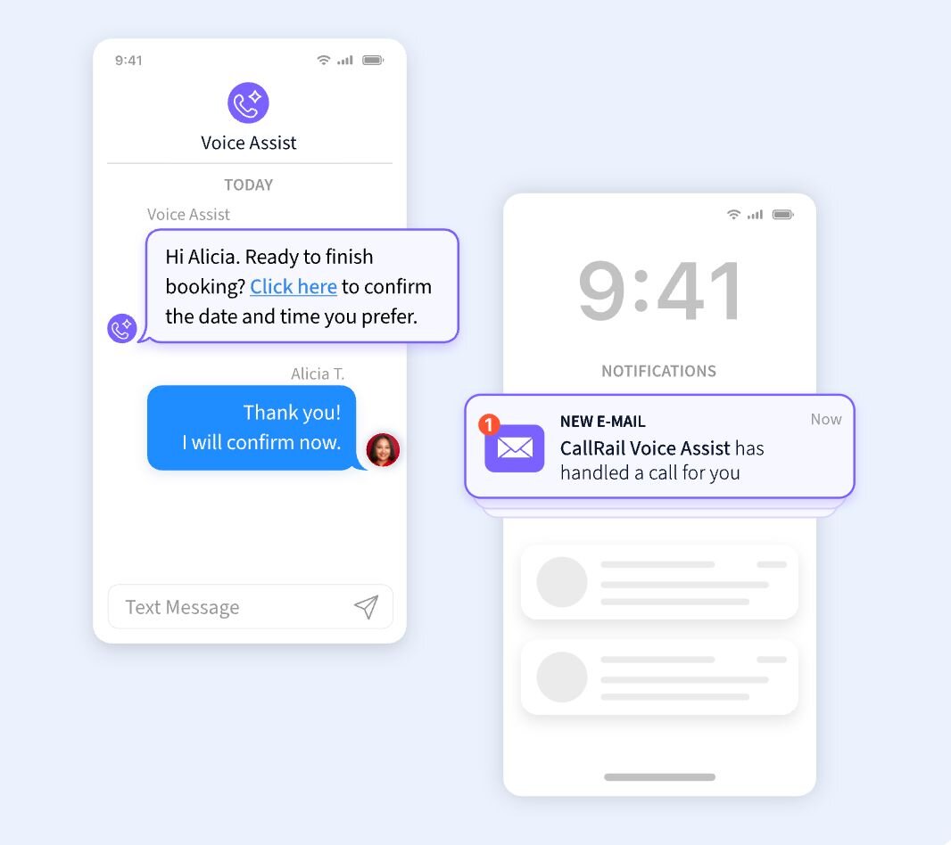 Mobile screen showing a text message conversation and a notification for a new email from CallRail Voice Assist.
