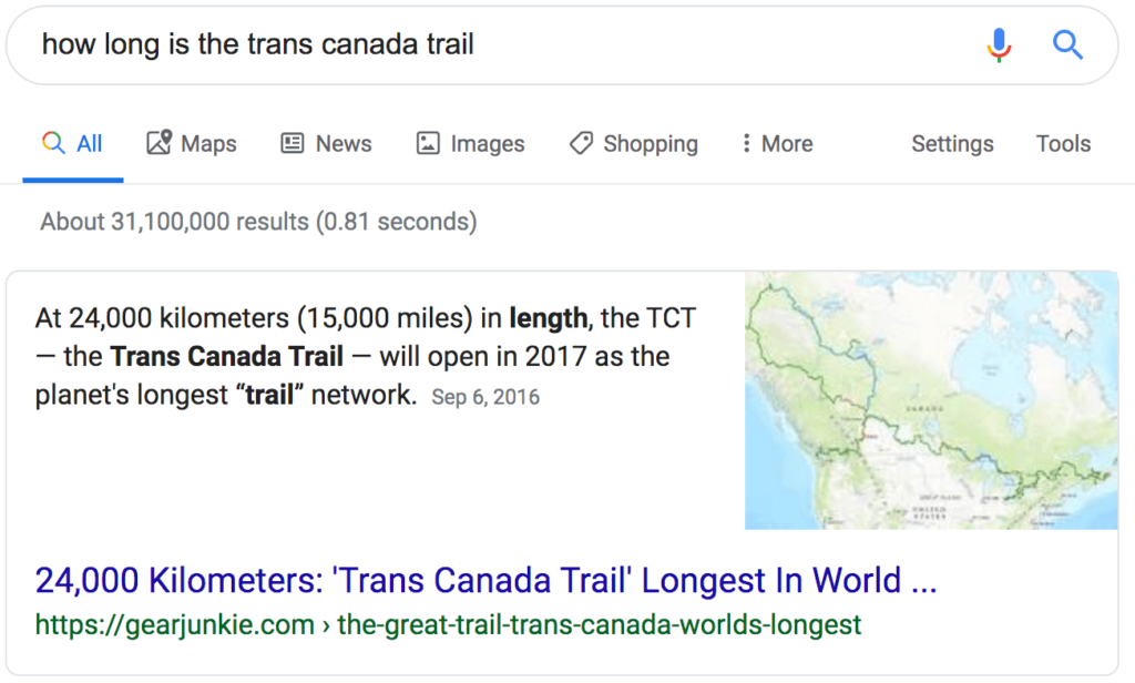 Paragraph featured snippet of Trans Canada Trail distance