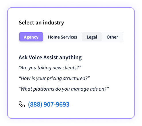 CallRail Voice Assist interface showing a prompt "Select an industry" with buttons for Agency, Home Services, Legal, and Other, and a prompt "Ask Voice Assist anything" with example questions and a phone number.