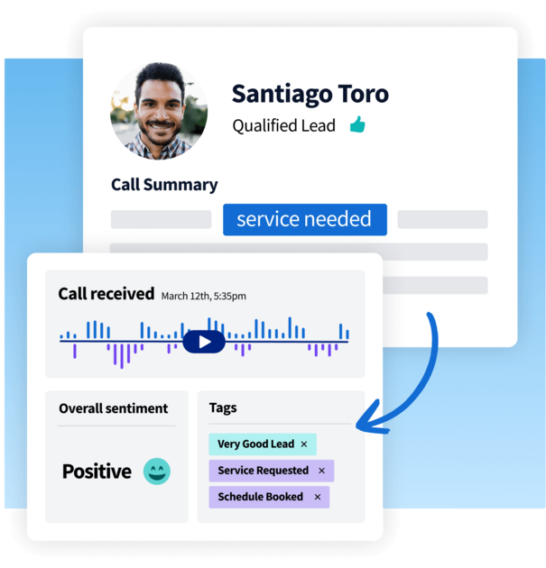 Interface displaying lead details for Santiago Toro, featuring a call recording, positive sentiment rating, and status tags.
