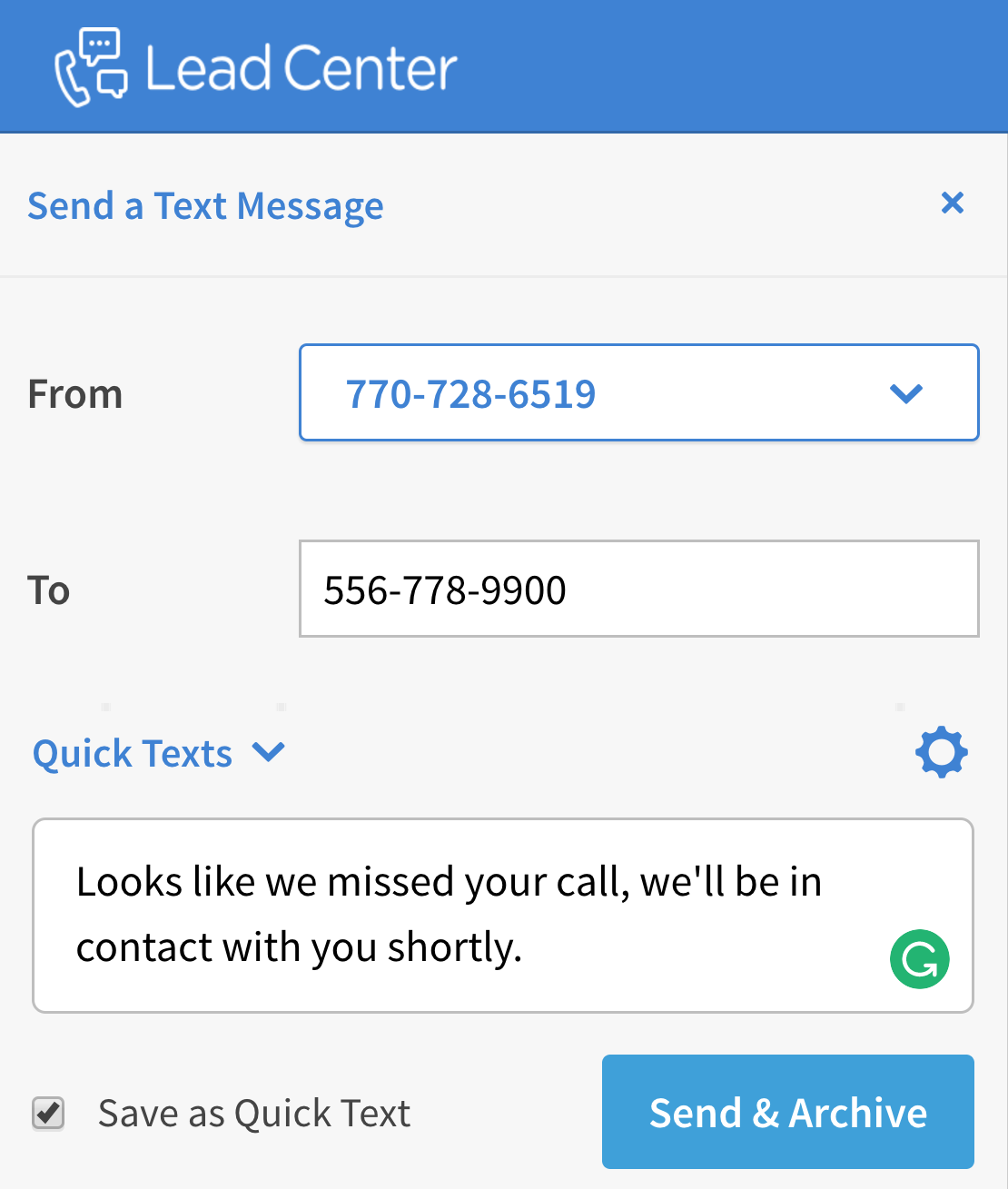 CallRail Lead Center Quick Text