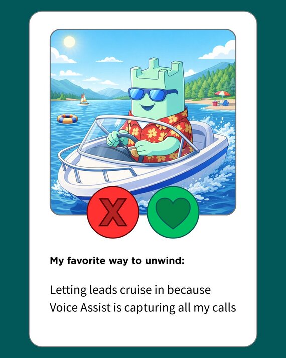 Illustration of a green phone-headed character driving a speedboat on a sunny lake, with red "X" and green heart buttons.