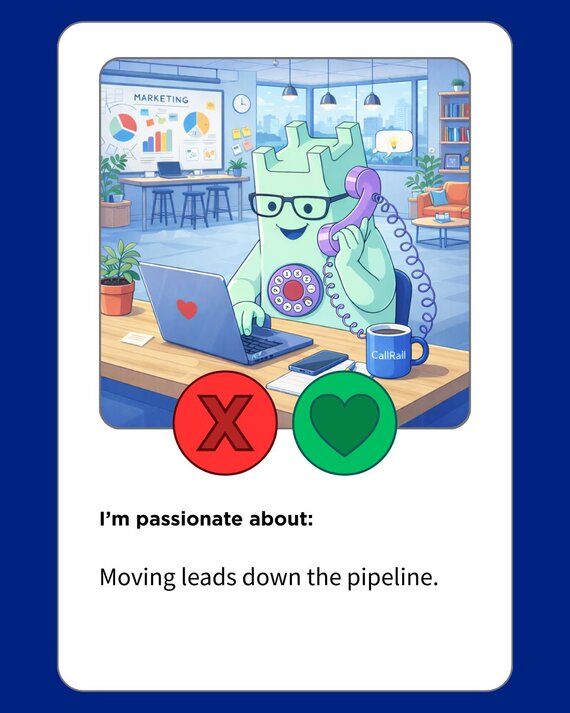 Character with a phone-shaped head using a laptop and desk phone in an office with a CallRail mug