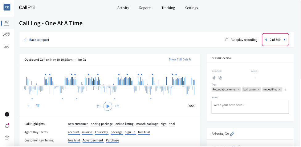 One at a Time View Call Log dashboard.02