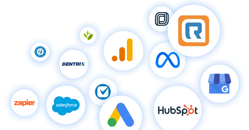Collage of CallRail's most popular integrations, including HubSpot, RingCentral, Google, Salesforce, Meta, Zapier, Dentrix, Jobber, Unbounce, Athenahealth and Clio
