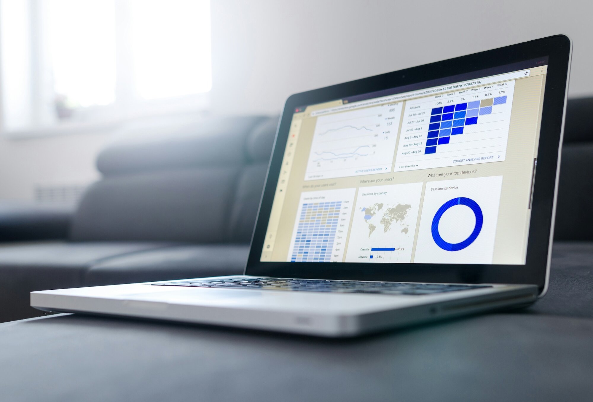 Laptop displaying business statistics.