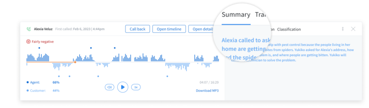 product screenshot of a call summary