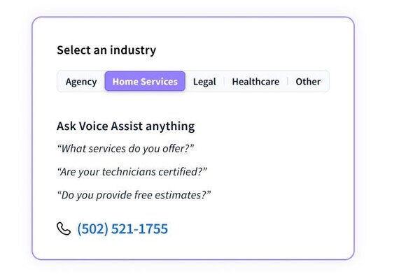 A user interface graphic demonstrating the setup for an AI Voice Assist, where "Home Services" is selected as the industry. The graphic shows example questions tailored for this industry and a sample phone number.