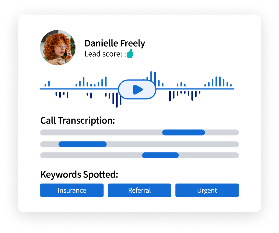 CallRail Conversation Intelligence showing call transcription and keywords spotted: Insurance, Referral, Urgent.