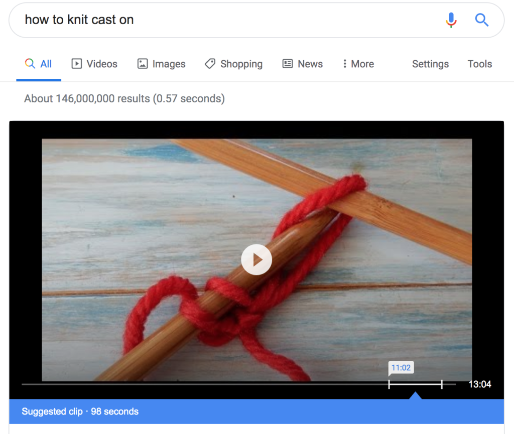 Video featured snippet of knitting with suggested time clip