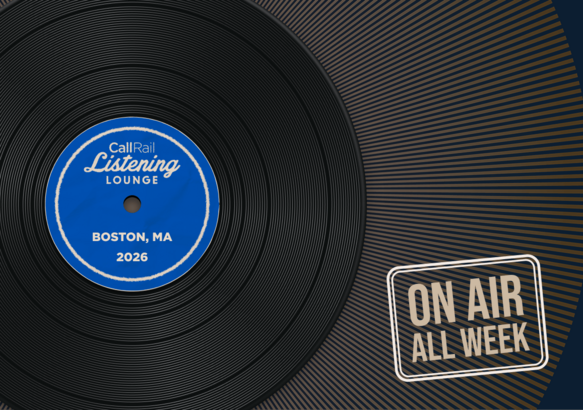 Black vinyl record with blue label reading "CallRail Listening Lounge, Boston, MA 2026" and a stamp stating "On Air All Week".