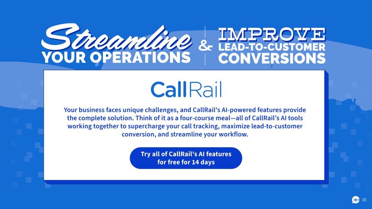 Streamline your operations and improve lead-to-customer conversions 
Your business faces unique challenges, and CallRail's AI-powered features provide the complete solution. Think of it as a four-course meal—all of CallRail’s AI tools working together to supercharge your call tracking, maximize lead-to-customer conversion, and streamline your workflow.