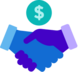 Blue and purple handshake icon with a teal dollar sign coin above it.