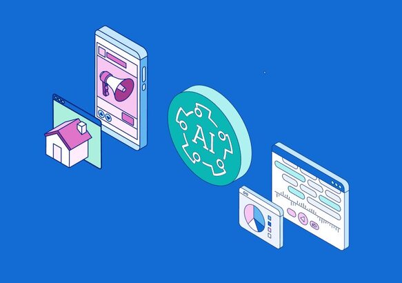 Graphic illustrating AI-powered real estate analysis with multiple houses entering a laptop screen that displays charts and a house image, next to a circular AI icon.