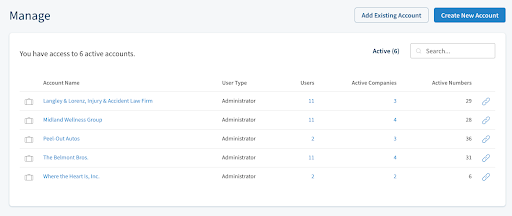 Screenshot of CallRail account management software