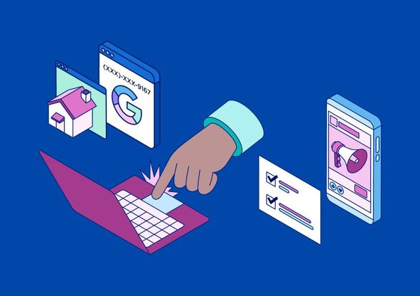 An isometric illustration of a hand typing on a pink laptop, surrounded by floating digital icons including a house, a Google search page with a phone number, a checklist, and a smartphone showing a megaphone.