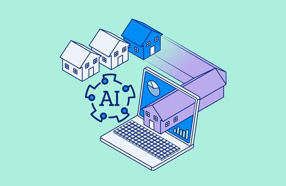 Graphic illustrating AI-powered real estate analysis with multiple houses entering a laptop screen that displays charts and a house image, next to a circular AI icon.