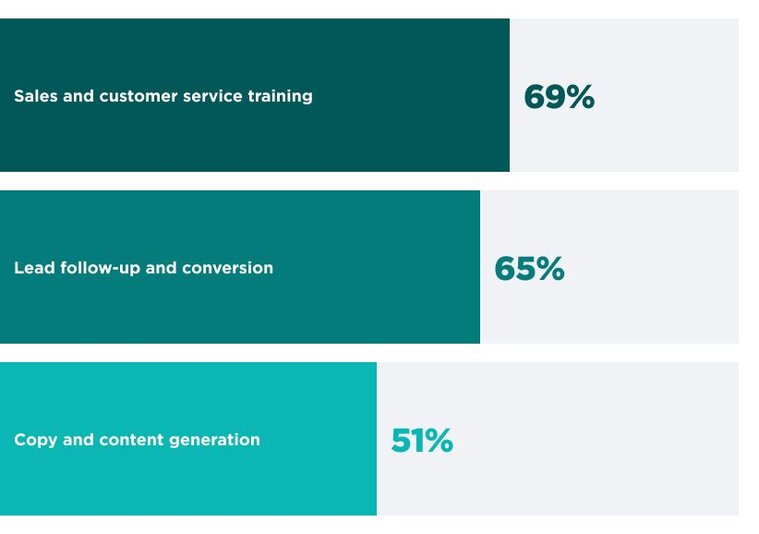 Bar chart identifying operational gaps holding back marketing payoff. 

A horizontal bar chart ranking operational challenges: Sales and customer service training is the top gap at 69%, followed by Lead follow-up and conversion (65%), and Copy and content generation (51%).