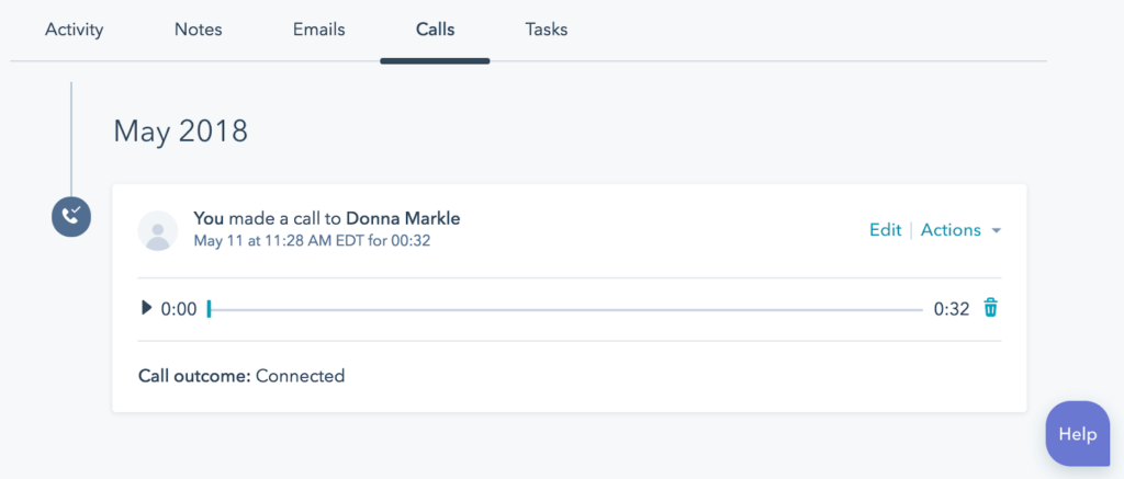 image showing call player in HubSpot contact record