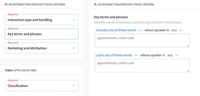 Dashboard showing logic criteria on the left and a "Key terms and phrases" configuration panel with word input fields on the right.