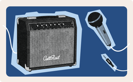 Black guitar amplifier with CallRail logo next to a microphone and audio cable connector