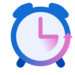 Blue alarm clock icon with a purple L-shaped hand and a circular arrow indicating motion.