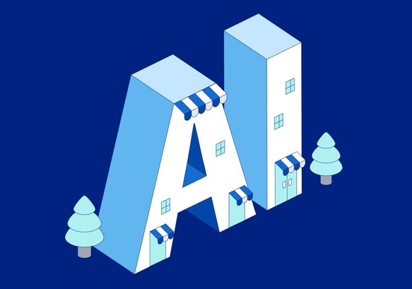 Isometric illustration of the letters "AI" designed as blue and white buildings with storefront awnings and windows.