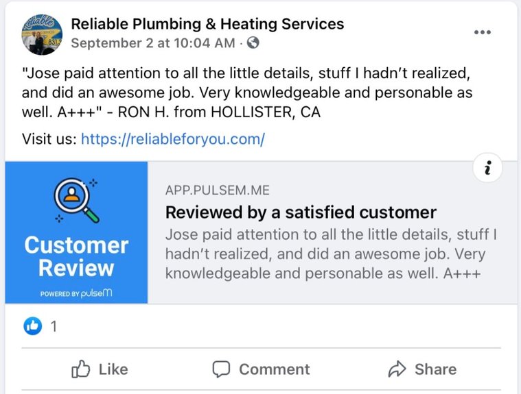 Reliable Plumbing customer review