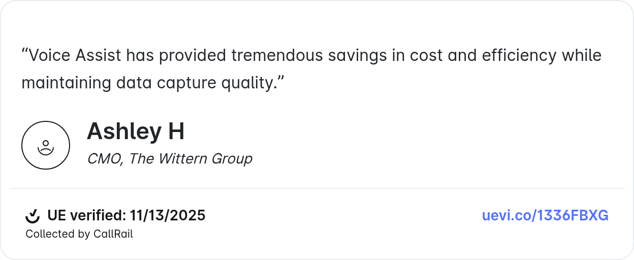 Verified testimonial for CallRail's Voice Assist from Ashley at The Wittern Group.