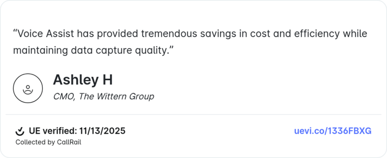 Verified testimonial for CallRail's Voice Assist from Ashley at The Wittern Group.