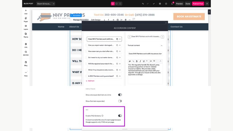 Website editor accordion menu with the Enable FAQ Schema option toggled on.
