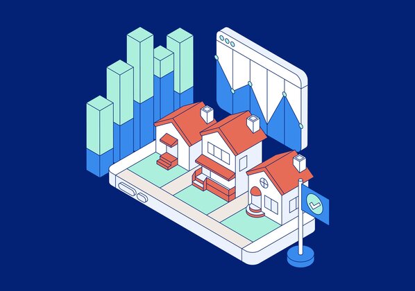Graphic of a smartphone displaying three houses, a flag with a checkmark, and bar and line graphs rising from the phone.