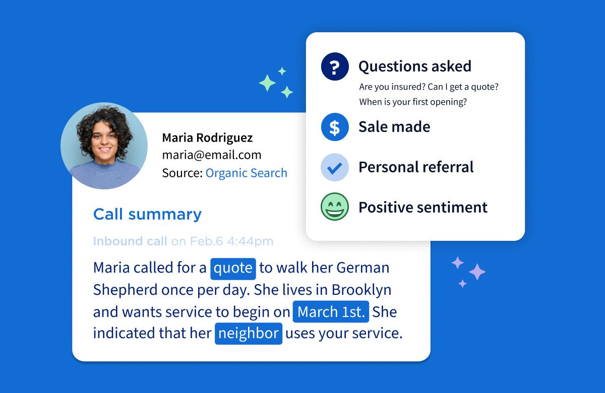 AI-generated call summary highlighting questions asked, a sale was made, personal referral, and positive sentiment