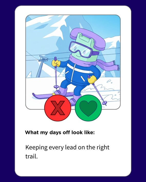Illustration of a green phone-headed character skiing on a snowy trail with red "X" and green heart buttons.