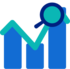 Blue bar chart icon with a rising teal line and a magnifying glass over the highest bar.