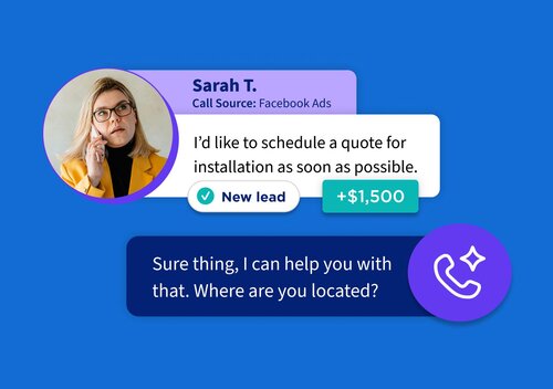Graphic showing a call log from Sarah T. requesting an installation quote, tagged as a New Lead worth $1,500 with an automated response.