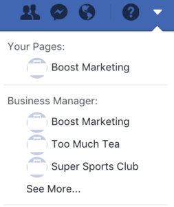 Facebook Business Manager and Pages are accessible from the drop down in the main menu