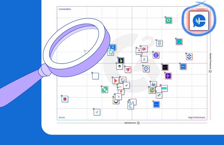 Quadrant chart with icons, highlighting the "Leaders" section with a magnifying glass.