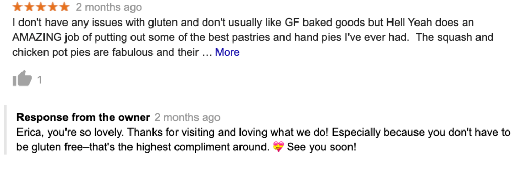 Positive customer review of a bakery including a response from the owner thanking them personally