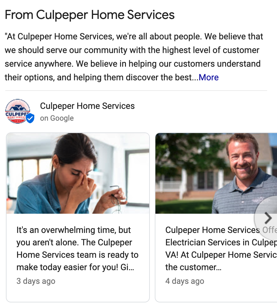 Example of google posts via GMB home services listing 