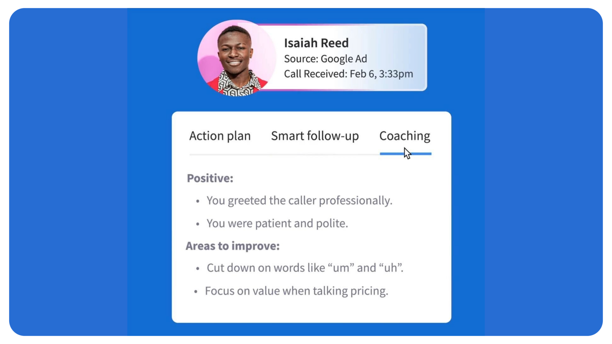 AI-generated coaching tips based on a call transcript