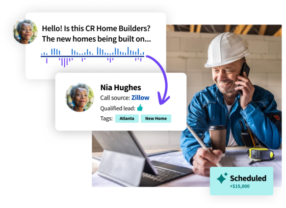 Dashboard overlay showing Nia Hughes as a qualilfied lead, in a conversation with a home builder.