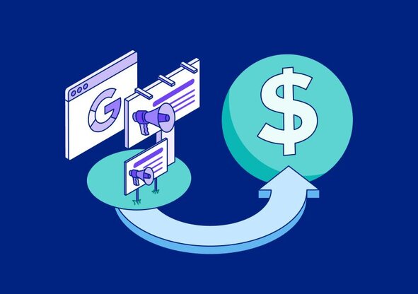 Google Ads interface and billboard icons with a curved arrow pointing to a large green dollar sign icon.