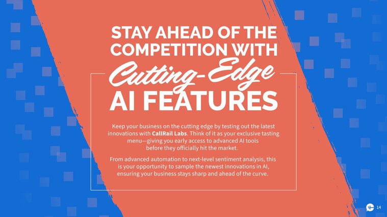 Stay ahead of the competition with cutting-edge AI features 
Keep your business on the cutting edge by testing out the latest innovations with CallRail’s Labs. Think of it as your exclusive tasting menu—giving you early access to advanced AI tools before they officially hit the market. 
From advanced automation to next-level sentiment analysis, this is your opportunity to sample the newest innovations in AI, ensuring your business stays sharp and ahead of the curve.