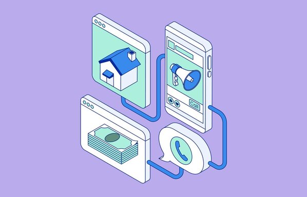 Isometric line-art graphic showing two web browser windows—one with a house icon and one with stacked money—connected to a smartphone displaying a megaphone and a speech bubble with a phone icon.