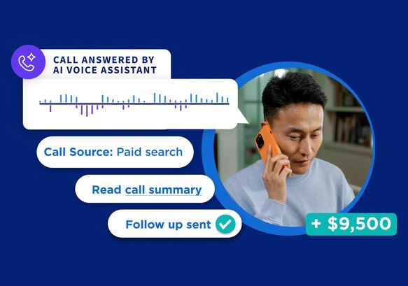 Person on a phone call next to UI bubbles for AI voice assistant, call source, call summary, and follow up sent.