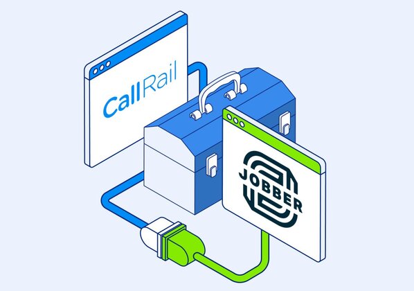CallRail screen plugged into a Jobber screen with a toolbox in between the two
