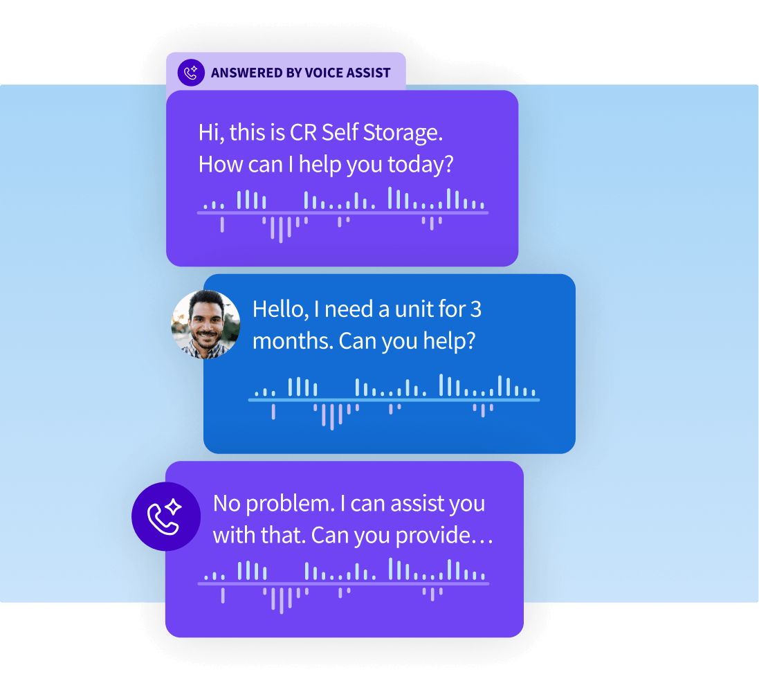 CallRail Voice Assist transcript showing AI assistant answering a customer inquiry for CR Self Storage.