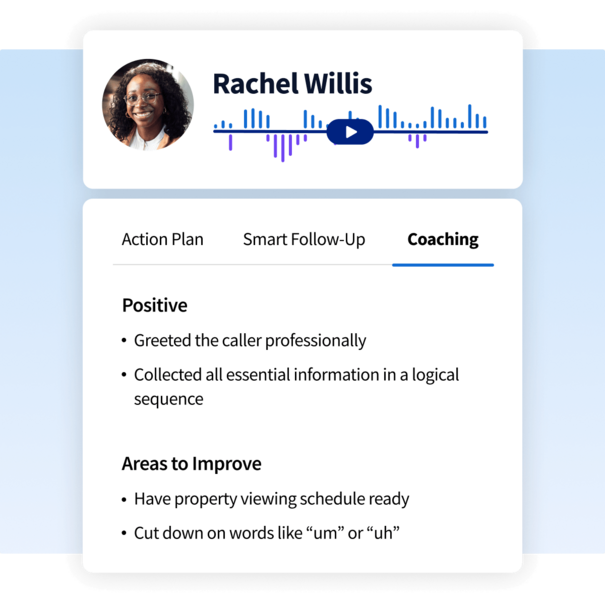 AI coaching interface showing call feedback for Rachel Willis, highlighting professional greeting and areas for improvement.